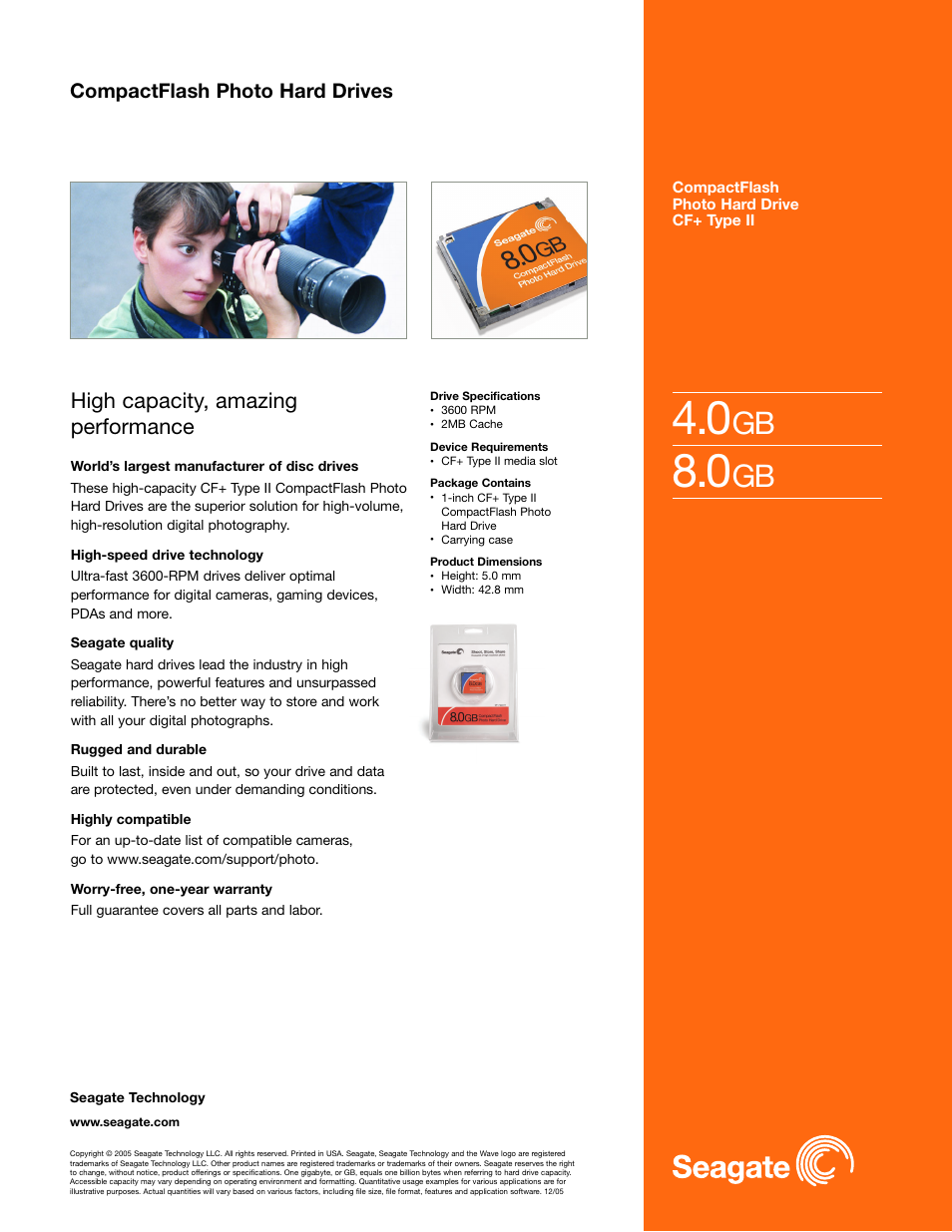 High capacity, amazing performance, Compactflash photo hard drives | Seagate CompactFlash 4096 User Manual | Page 2 / 2
