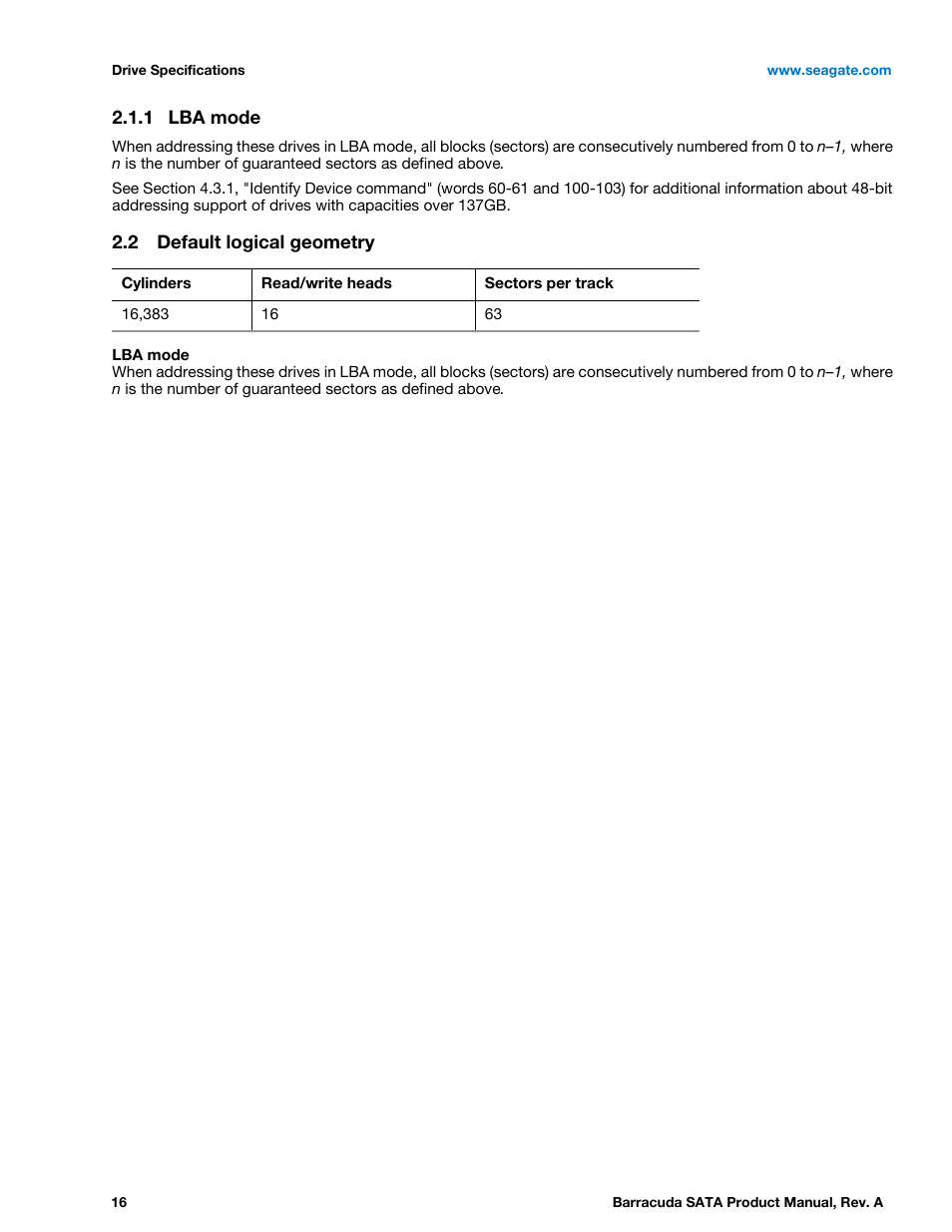 1 lba mode, 2 default logical geometry, Lba mode | Default logical geometry | Seagate BARRACUDA ST31000524AS User Manual | Page 16 / 48