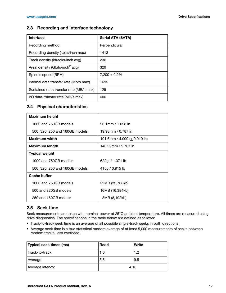 3 recording and interface technology, 4 physical characteristics, 5 seek time | Recording and interface technology, Physical characteristics, Seek time | Seagate BARRACUDA ST31000524AS User Manual | Page 17 / 48
