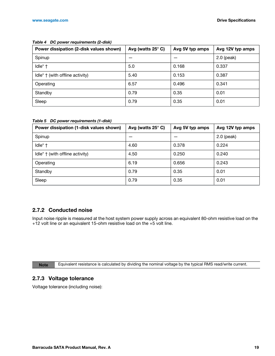 2 conducted noise, 3 voltage tolerance, Conducted noise | Voltage tolerance, Power requirements for the drives are listed in | Seagate BARRACUDA ST31000524AS User Manual | Page 19 / 48