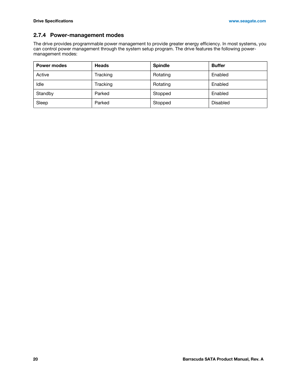 4 power-management modes, Power-management modes | Seagate BARRACUDA ST31000524AS User Manual | Page 20 / 48