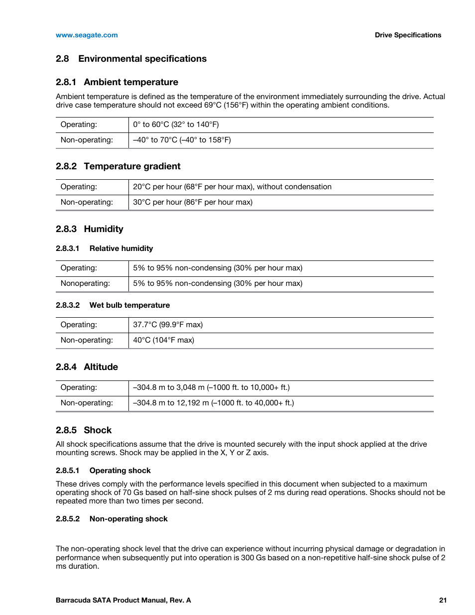 8 environmental specifications, 1 ambient temperature, 2 temperature gradient | 3 humidity, 4 altitude, 5 shock, Environmental specifications 2.8.1, Ambient temperature, Temperature gradient, Humidity | Seagate BARRACUDA ST31000524AS User Manual | Page 21 / 48