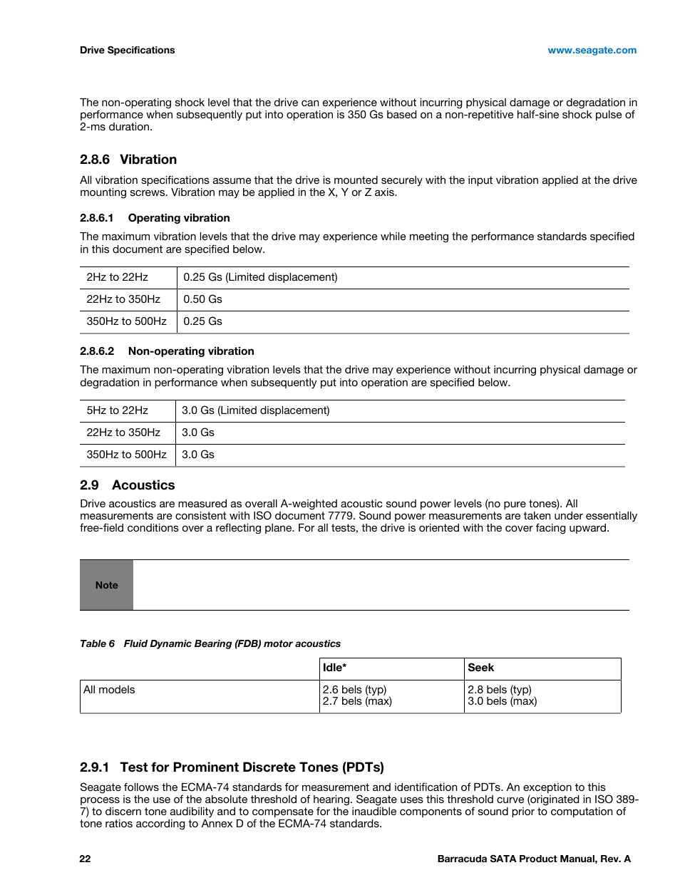 6 vibration, 9 acoustics, 1 test for prominent discrete tones (pdts) | Vibration, Acoustics 2.9.1, Test for prominent discrete tones (pdts) | Seagate BARRACUDA ST31000524AS User Manual | Page 22 / 48