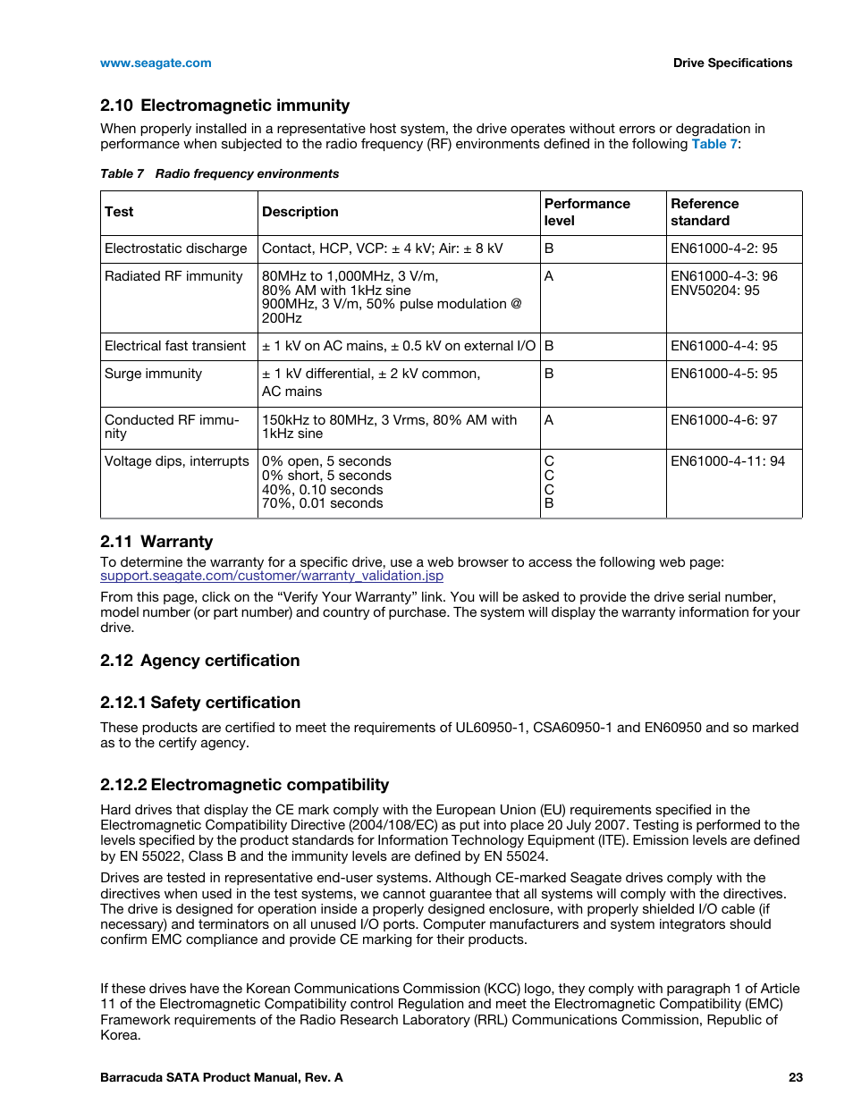 10 electromagnetic immunity, 11 warranty, 12 agency certification | 1 safety certification, 2 electromagnetic compatibility, Electromagnetic immunity, Warranty, Agency certification 2.12.1, Safety certification, Electromagnetic compatibility | Seagate BARRACUDA ST31000524AS User Manual | Page 23 / 48