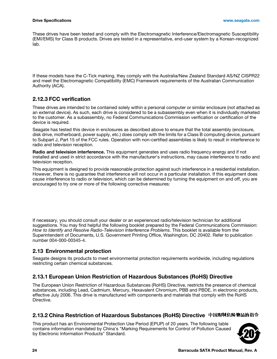 3 fcc verification, 13 environmental protection, Fcc verification | Environmental protection 2.13.1 | Seagate BARRACUDA ST31000524AS User Manual | Page 24 / 48