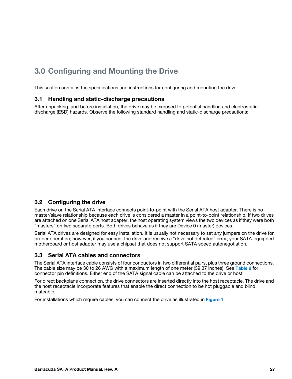 0 configuring and mounting the drive, 1 handling and static-discharge precautions, 2 configuring the drive | 3 serial ata cables and connectors, Configuring and mounting the drive, Handling and static-discharge precautions, Configuring the drive, Serial ata cables and connectors | Seagate BARRACUDA ST31000524AS User Manual | Page 27 / 48