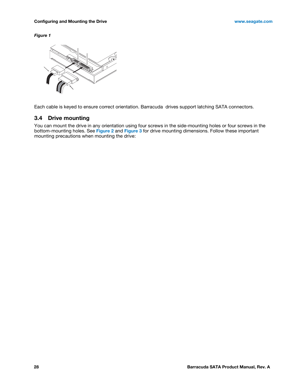 4 drive mounting, Drive mounting, Figure 1 | Attaching sata cabling | Seagate BARRACUDA ST31000524AS User Manual | Page 28 / 48