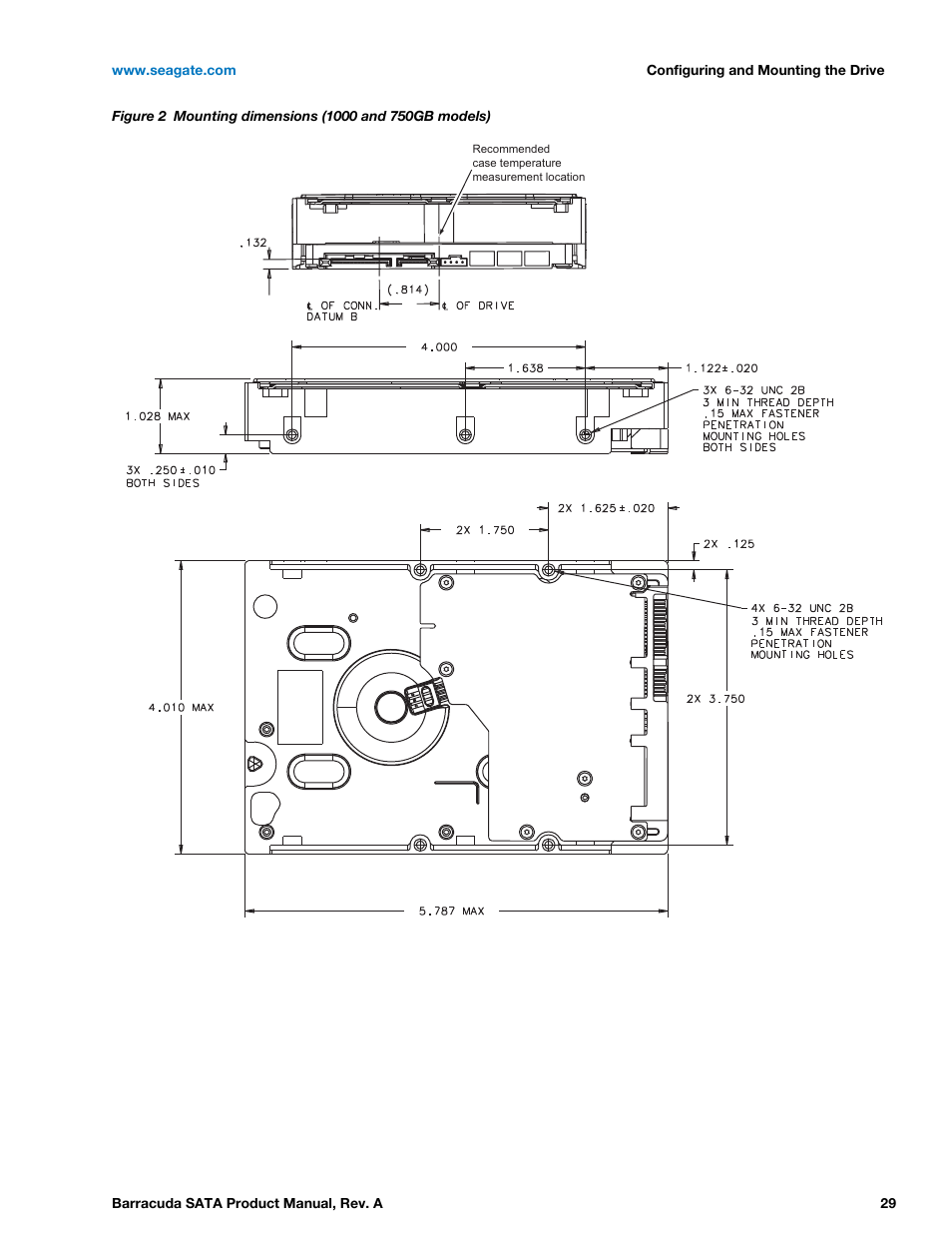 Figure 2, Mounting dimensions (1000 and 750gb models) | Seagate BARRACUDA ST31000524AS User Manual | Page 29 / 48