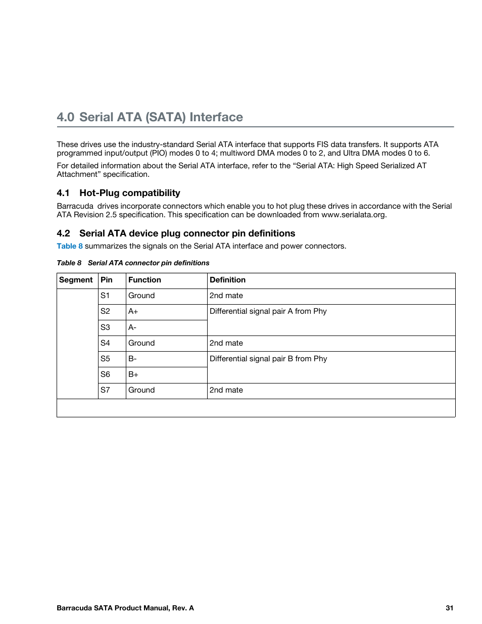 0 serial ata (sata) interface, 1 hot-plug compatibility, 2 serial ata device plug connector pin definitions | Serial ata (sata) interface, Hot-plug compatibility, Serial ata device plug connector pin definitions, Table 8 | Seagate BARRACUDA ST31000524AS User Manual | Page 31 / 48