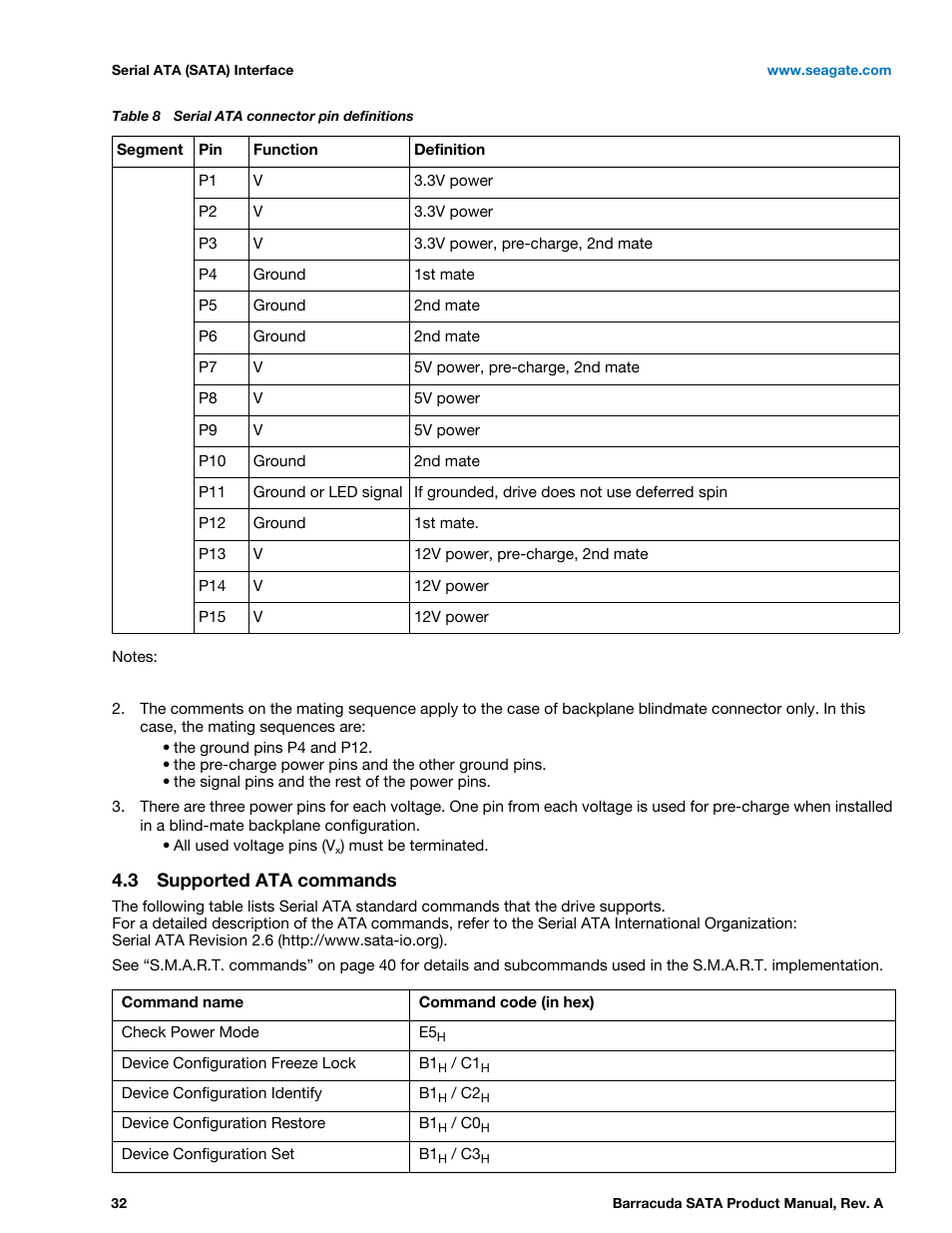 3 supported ata commands, Supported ata commands | Seagate BARRACUDA ST31000524AS User Manual | Page 32 / 48