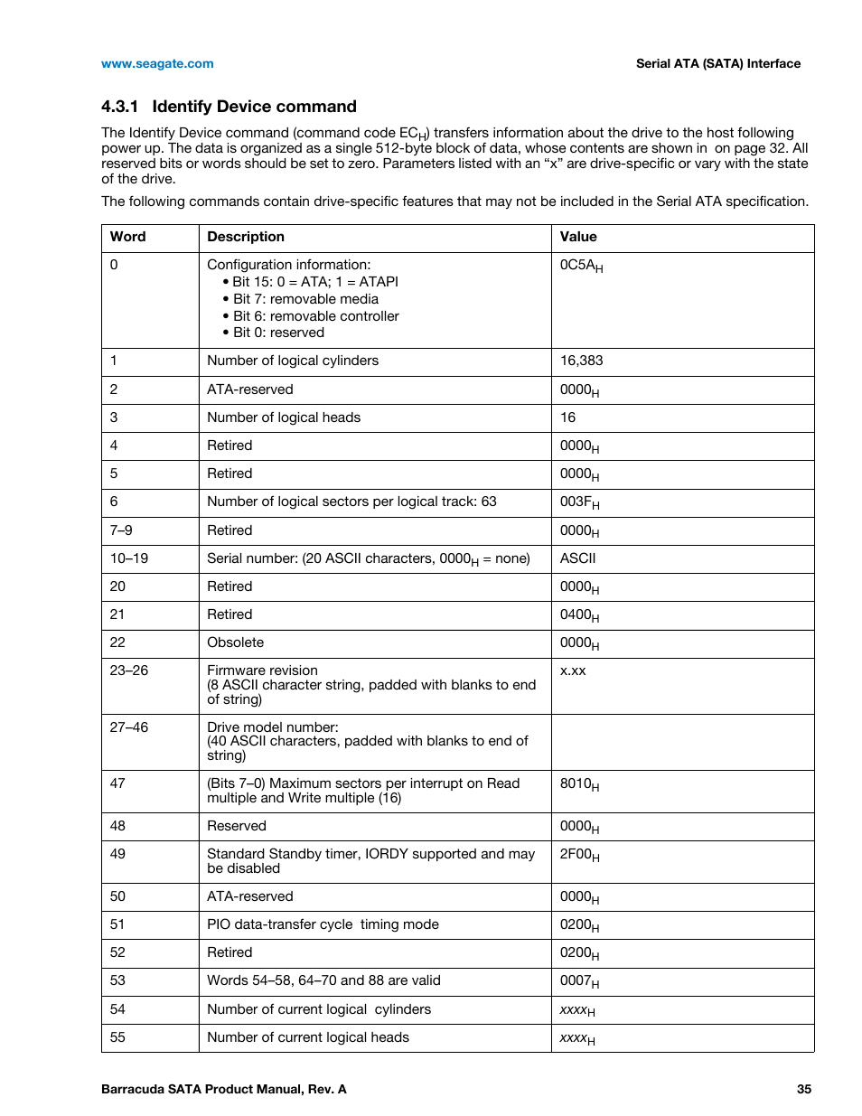 1 identify device command, Identify device command | Seagate BARRACUDA ST31000524AS User Manual | Page 35 / 48