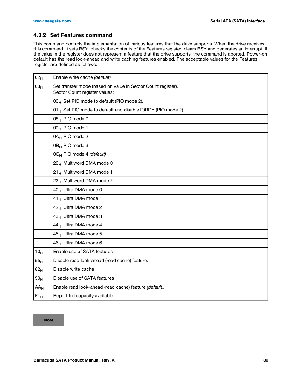2 set features command, Set features command | Seagate BARRACUDA ST31000524AS User Manual | Page 39 / 48
