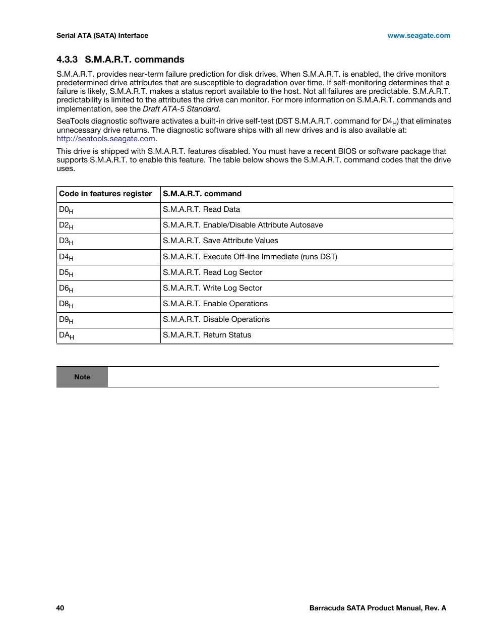 3 s.m.a.r.t. commands, S.m.a.r.t. commands | Seagate BARRACUDA ST31000524AS User Manual | Page 40 / 48