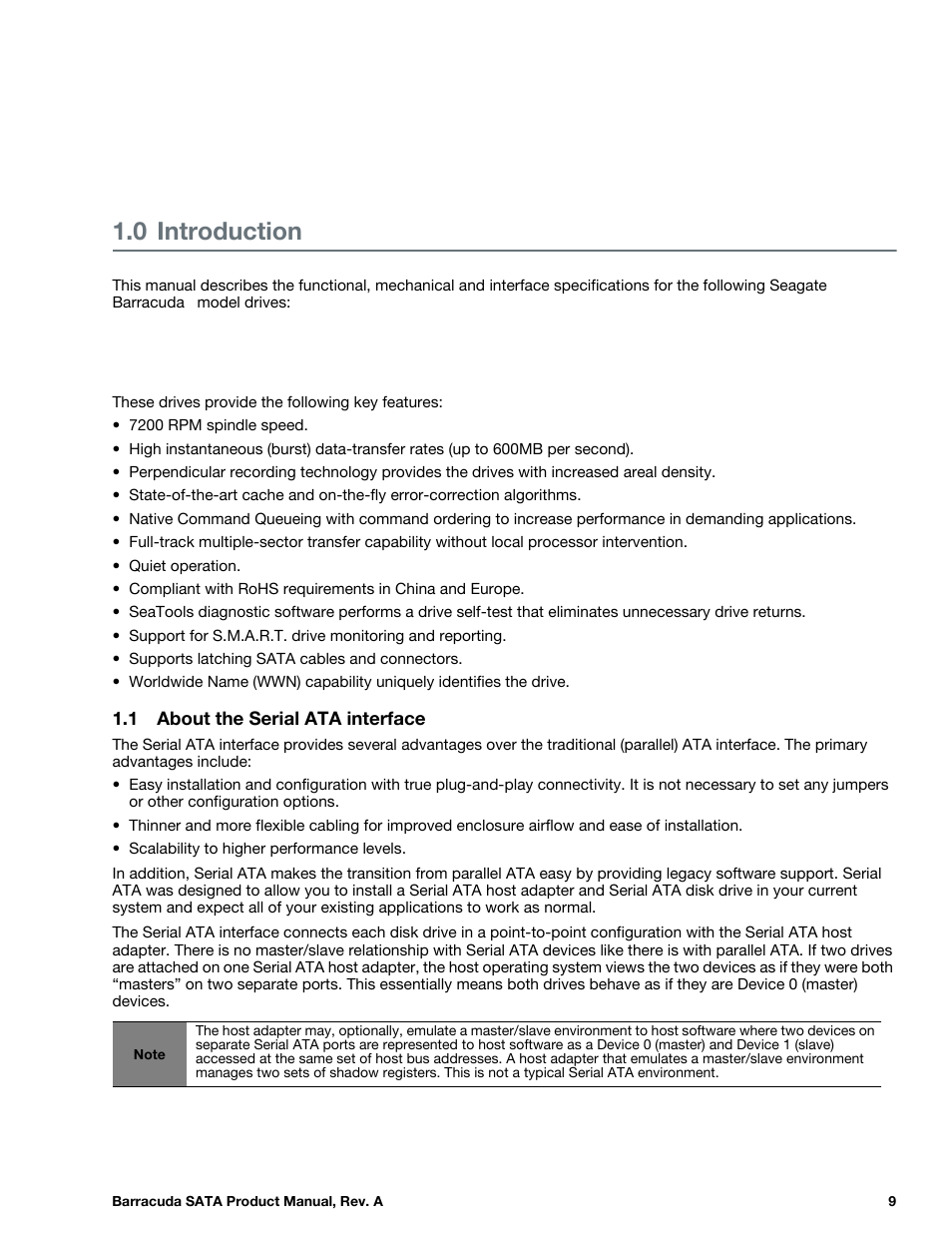 0 introduction, 1 about the serial ata interface, Introduction | About the serial ata interface | Seagate BARRACUDA ST31000524AS User Manual | Page 9 / 48