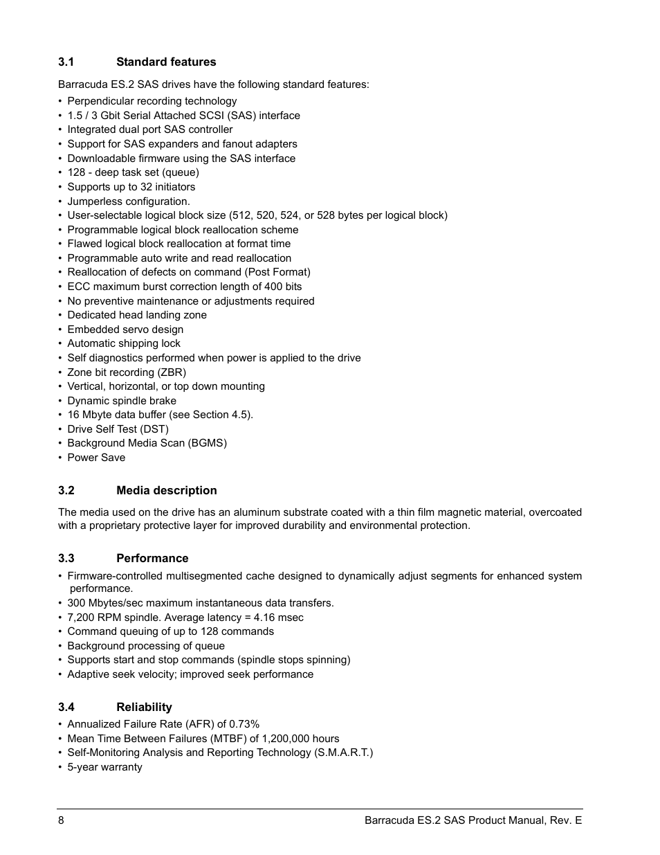 1 standard features, 2 media description, 3 performance | 4 reliability, Standard features, Media description, Performance, Reliability | Seagate BARRACUDA ST3500620SS User Manual | Page 12 / 82