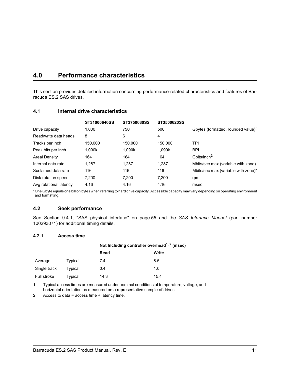 0 performance characteristics, 1 internal drive characteristics, 2 seek performance | 1 access time, Performance characteristics 4.1, Internal drive characteristics, Seek performance 4.2.1, Access time | Seagate BARRACUDA ST3500620SS User Manual | Page 15 / 82
