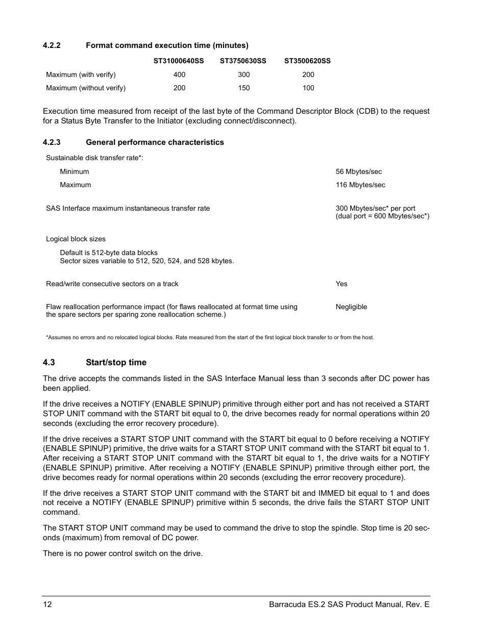 2 format command execution time (minutes), 3 general performance characteristics, 3 start/stop time | Format command execution time (minutes), General performance characteristics, Start/stop time | Seagate BARRACUDA ST3500620SS User Manual | Page 16 / 82