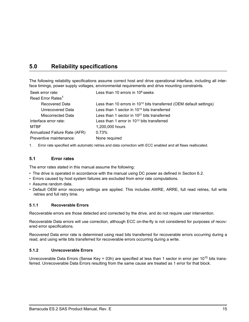 0 reliability specifications, 1 error rates, 1 recoverable errors | 2 unrecoverable errors, Reliability specifications 5.1, Error rates 5.1.1, Recoverable errors, Unrecoverable errors | Seagate BARRACUDA ST3500620SS User Manual | Page 19 / 82