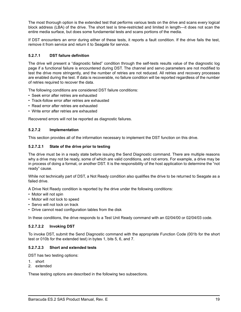 1 dst failure definition, 2 implementation, 1 state of the drive prior to testing | 2 invoking dst, 3 short and extended tests | Seagate BARRACUDA ST3500620SS User Manual | Page 23 / 82