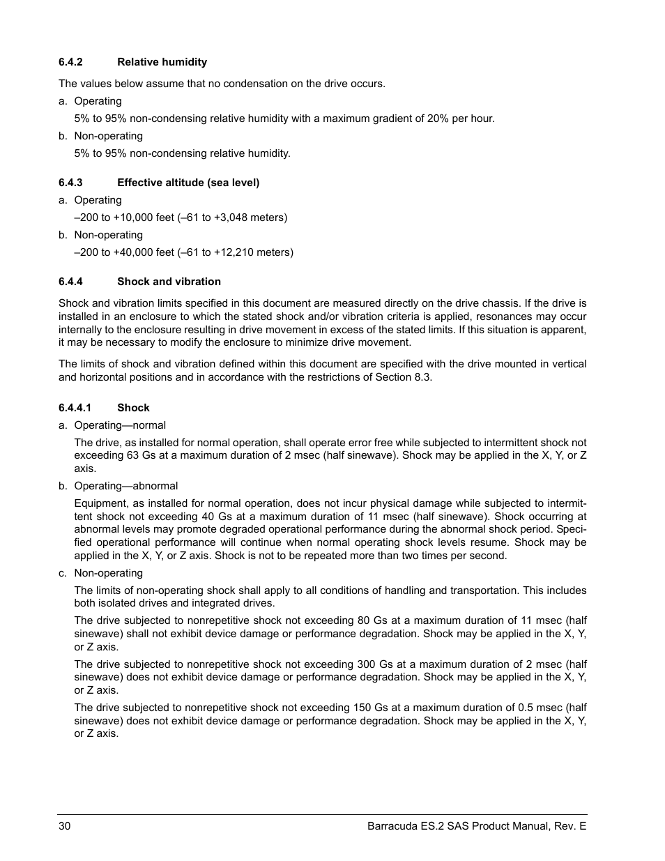 2 relative humidity, 3 effective altitude (sea level), 4 shock and vibration | 1 shock, Relative humidity, Effective altitude (sea level), Shock and vibration | Seagate BARRACUDA ST3500620SS User Manual | Page 34 / 82