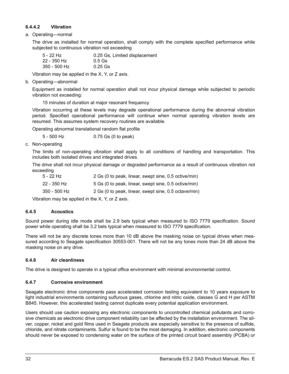 2 vibration, 5 acoustics, 6 air cleanliness | 7 corrosive environment, Acoustics, Air cleanliness, Corrosive environment | Seagate BARRACUDA ST3500620SS User Manual | Page 36 / 82