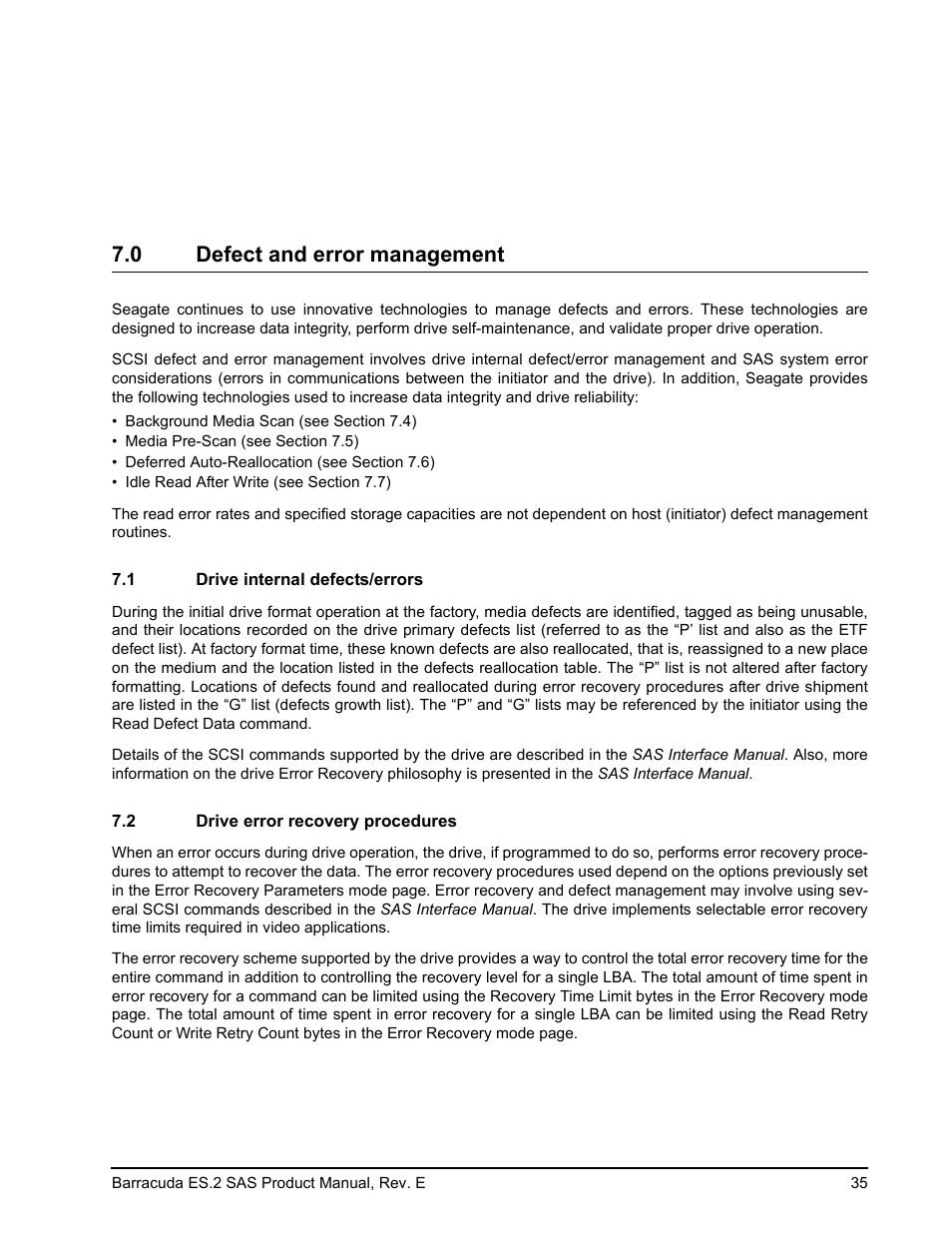 0 defect and error management, 1 drive internal defects/errors, 2 drive error recovery procedures | Defect and error management 7.1, Drive internal defects/errors, Drive error recovery procedures | Seagate BARRACUDA ST3500620SS User Manual | Page 39 / 82