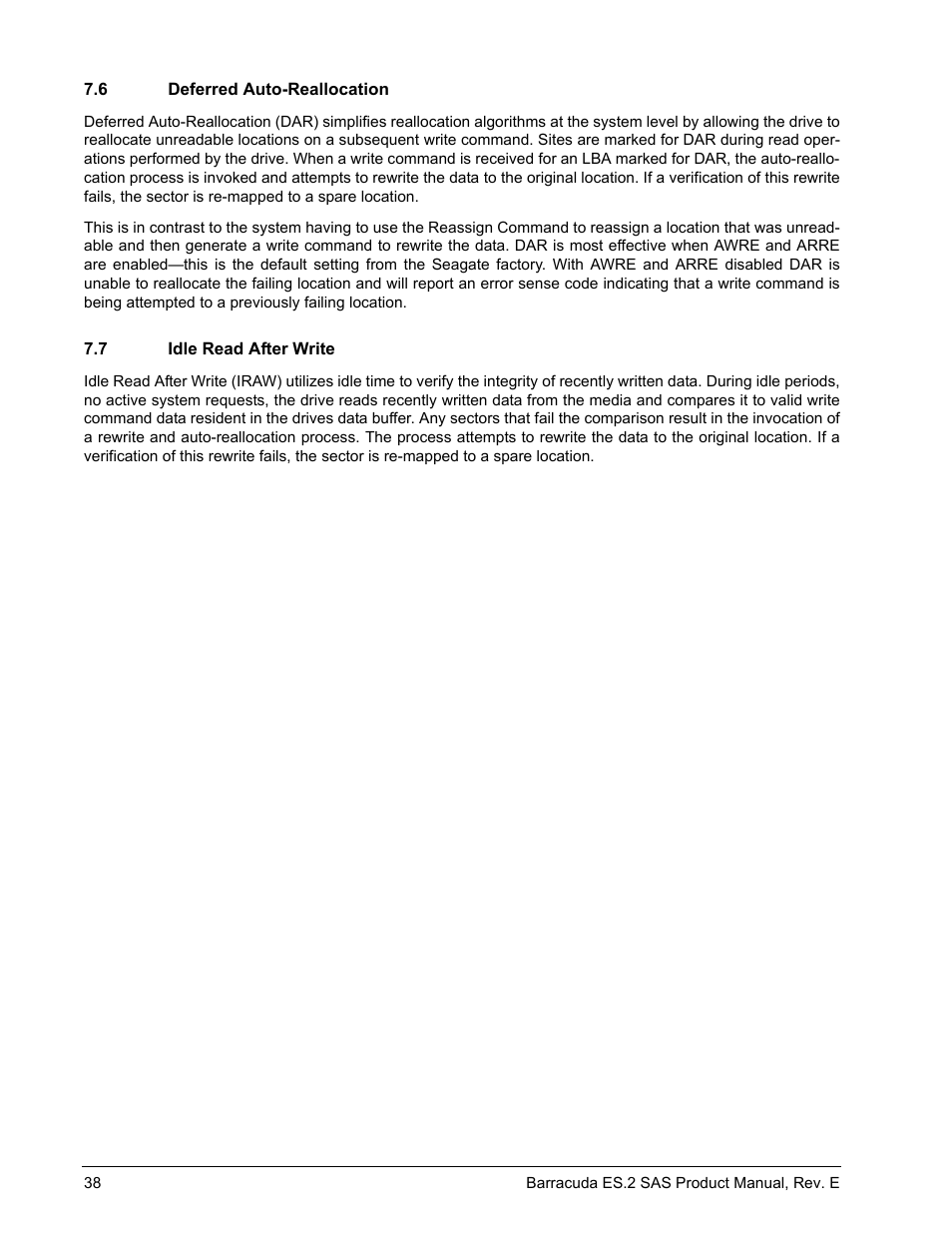 6 deferred auto-reallocation, 7 idle read after write, Deferred auto-reallocation | Idle read after write, Section 7.7) | Seagate BARRACUDA ST3500620SS User Manual | Page 42 / 82