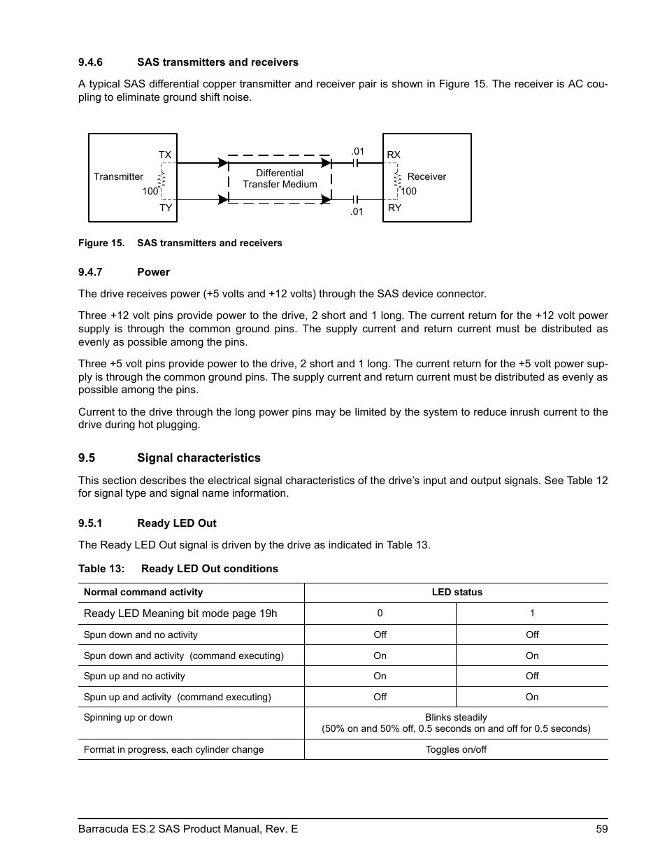 6 sas transmitters and receivers, 7 power, 5 signal characteristics | 1 ready led out, Sas transmitters and receivers, Power, Signal characteristics 9.5.1, Ready led out | Seagate BARRACUDA ST3500620SS User Manual | Page 63 / 82
