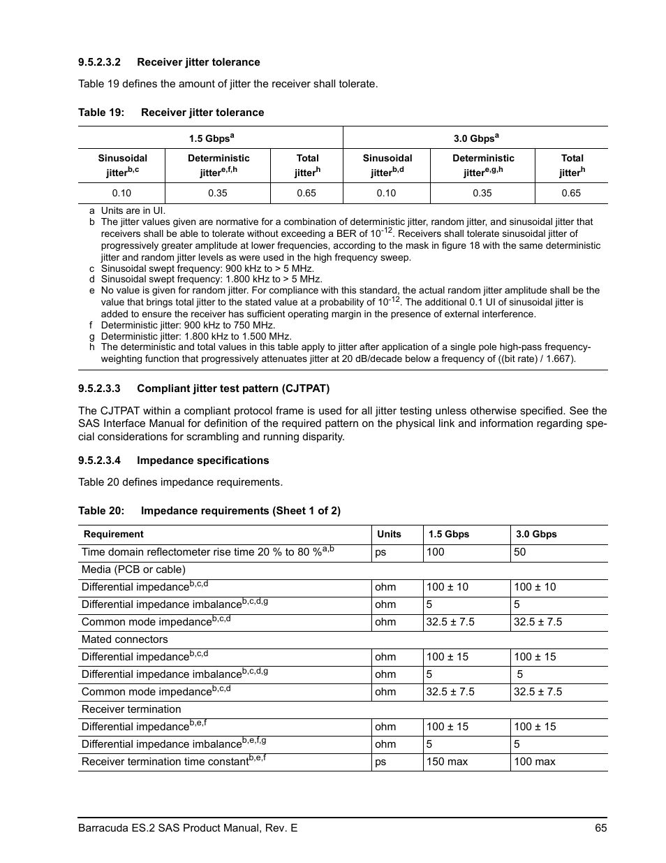 2 receiver jitter tolerance, 3 compliant jitter test pattern (cjtpat), 4 impedance specifications | In table 19, Ttern (see 9.5.2.3.3) | Seagate BARRACUDA ST3500620SS User Manual | Page 69 / 82