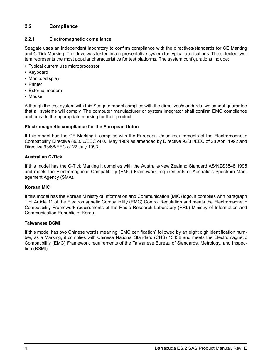 2 compliance, 1 electromagnetic compliance, Compliance 2.2.1 | Electromagnetic compliance | Seagate BARRACUDA ST3500620SS User Manual | Page 8 / 82