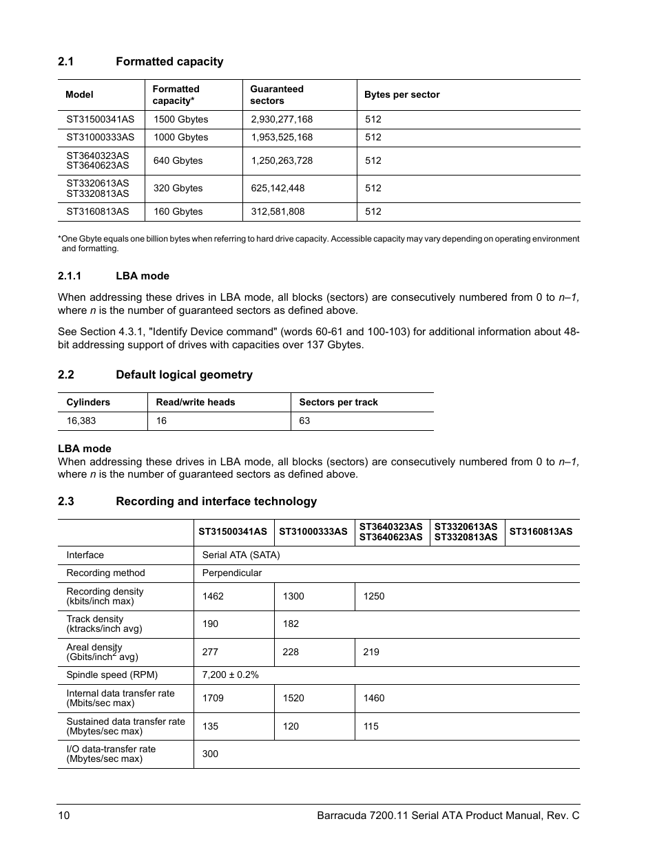 1 formatted capacity, 1 lba mode, 2 default logical geometry | 3 recording and interface technology | Seagate BARRACUDA ST31000333AS User Manual | Page 16 / 48