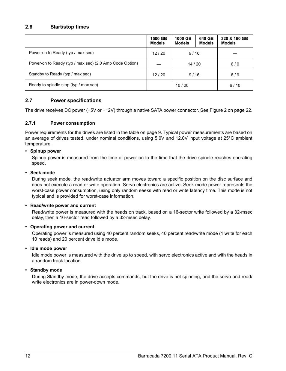 6 start/stop times, 7 power specifications, 1 power consumption | Seagate BARRACUDA ST31000333AS User Manual | Page 18 / 48