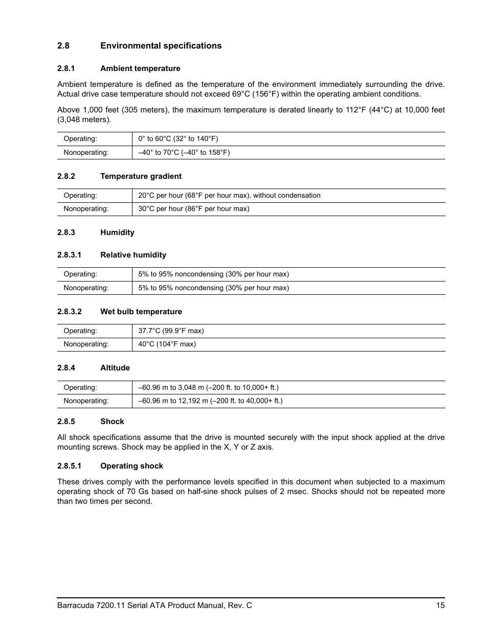 8 environmental specifications, 1 ambient temperature, 2 temperature gradient | 3 humidity, 1 relative humidity, 2 wet bulb temperature, 4 altitude, 5 shock, 1 operating shock | Seagate BARRACUDA ST31000333AS User Manual | Page 21 / 48