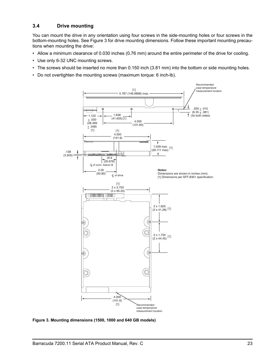 4 drive mounting, Figure 3, Mounting dimensions (1500, 1000 and 640 gb models) | Seagate BARRACUDA ST31000333AS User Manual | Page 29 / 48