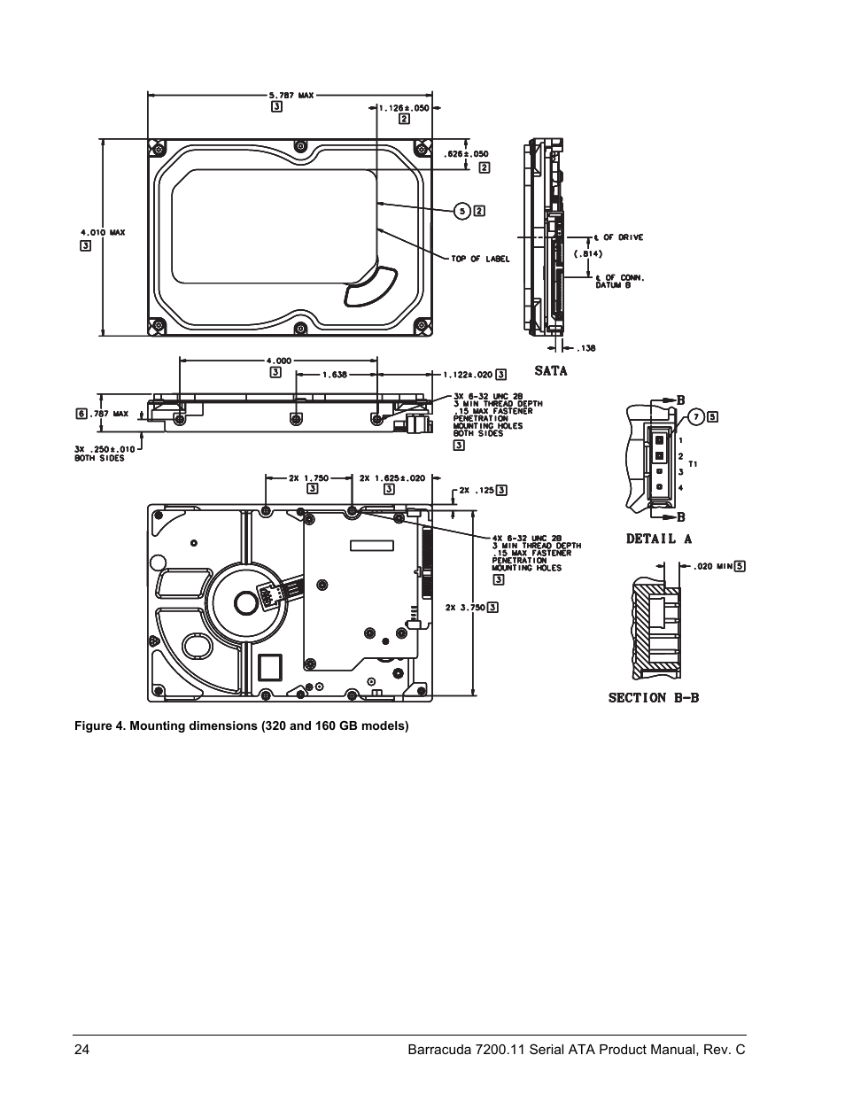 Mounting dimensions (320 and 160 gb models) | Seagate BARRACUDA ST31000333AS User Manual | Page 30 / 48