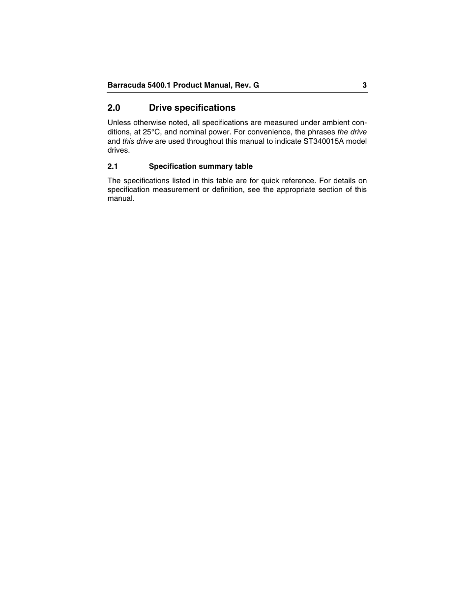 0 drive specifications, 1 specification summary table, Drive specifications | Specification summary table | Seagate Barracuda ST340015A User Manual | Page 11 / 58