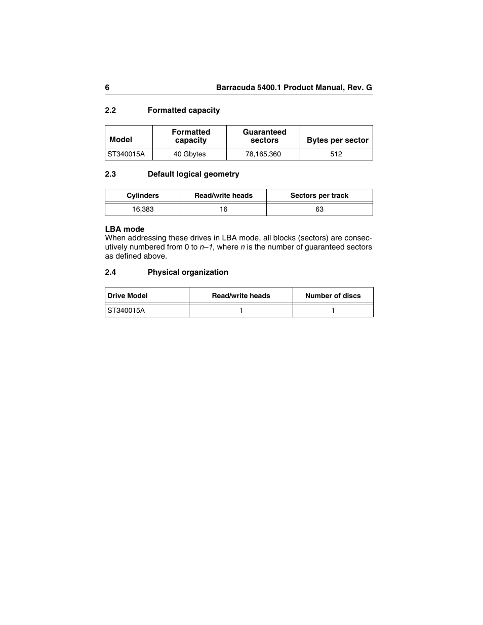 2 formatted capacity, 3 default logical geometry, 4 physical organization | Formatted capacity, Default logical geometry, Physical organization | Seagate Barracuda ST340015A User Manual | Page 14 / 58