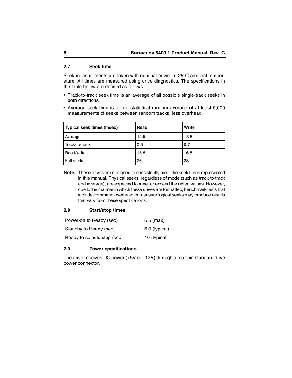 7 seek time, 8 start/stop times, 9 power specifications | Seek time, Start/stop times, Power specifications | Seagate Barracuda ST340015A User Manual | Page 16 / 58