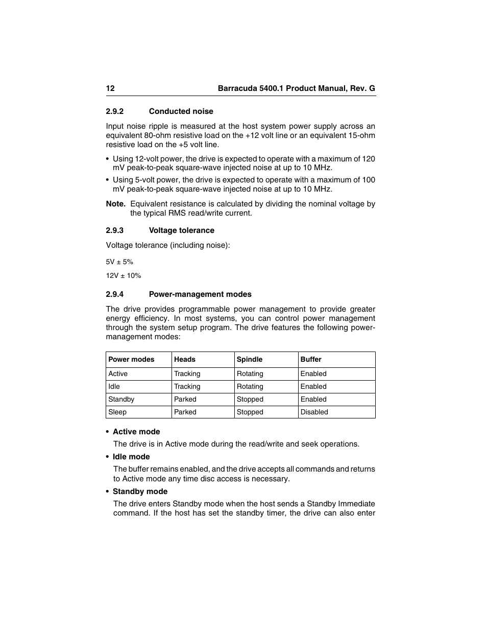 2 conducted noise, 3 voltage tolerance, 4 power-management modes | Conducted noise, Voltage tolerance, Power-management modes | Seagate Barracuda ST340015A User Manual | Page 20 / 58