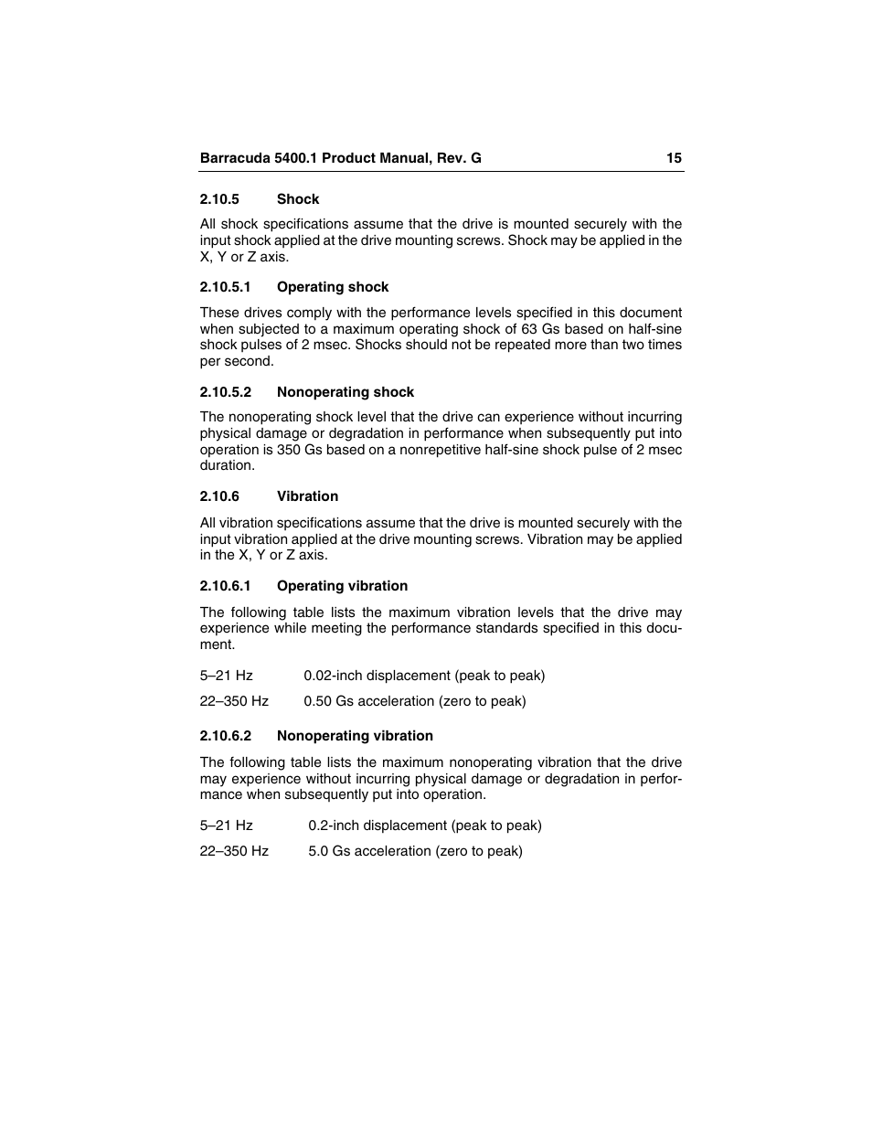 5 shock, 1 operating shock, 2 nonoperating shock | 6 vibration, 1 operating vibration, 2 nonoperating vibration, Shock, Vibration | Seagate Barracuda ST340015A User Manual | Page 23 / 58