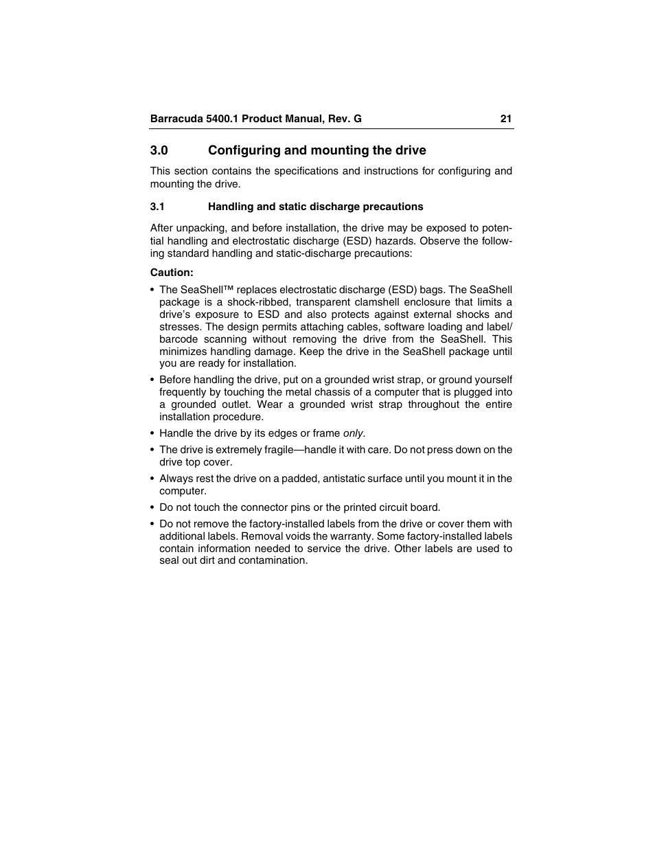 0 configuring and mounting the drive, 1 handling and static discharge precautions, Configuring and mounting the drive | Handling and static discharge precautions | Seagate Barracuda ST340015A User Manual | Page 29 / 58