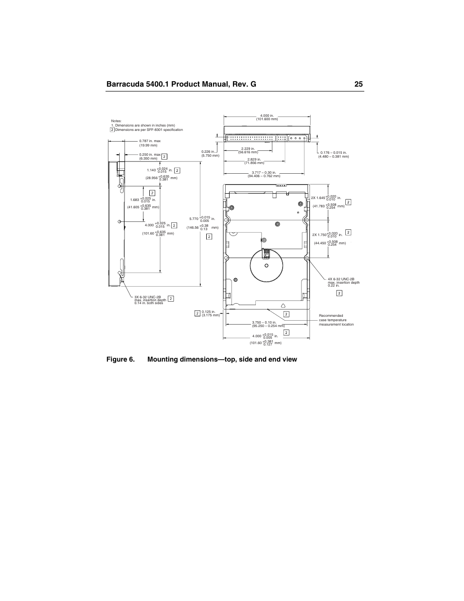 Figure 6, Mounting dimensions—top, side and end view | Seagate Barracuda ST340015A User Manual | Page 33 / 58