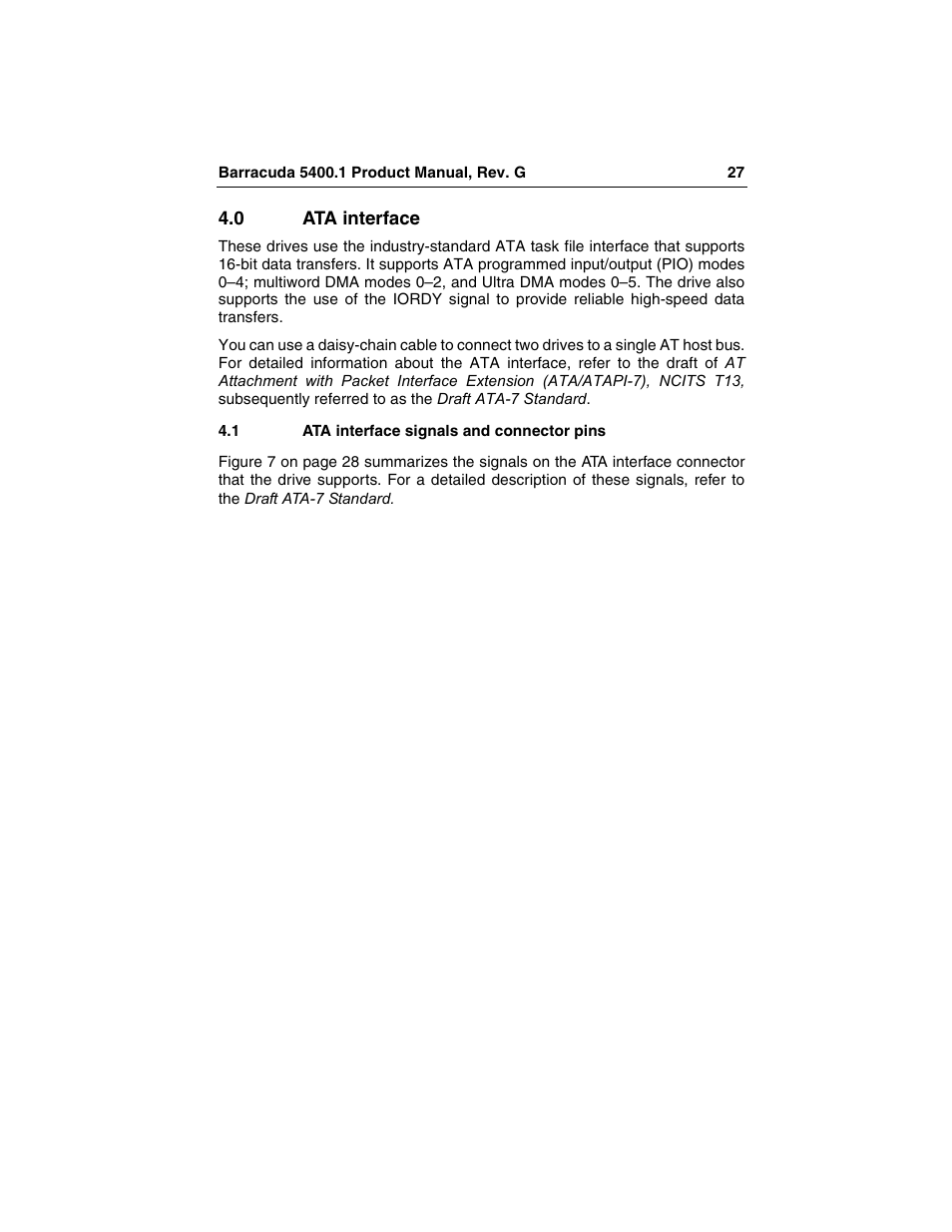 0 ata interface, 1 ata interface signals and connector pins, Ata interface | Ata interface signals and connector pins | Seagate Barracuda ST340015A User Manual | Page 35 / 58