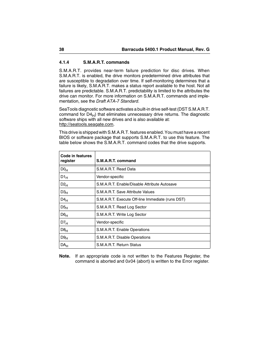 4 s.m.a.r.t. commands, S.m.a.r.t. commands | Seagate Barracuda ST340015A User Manual | Page 46 / 58