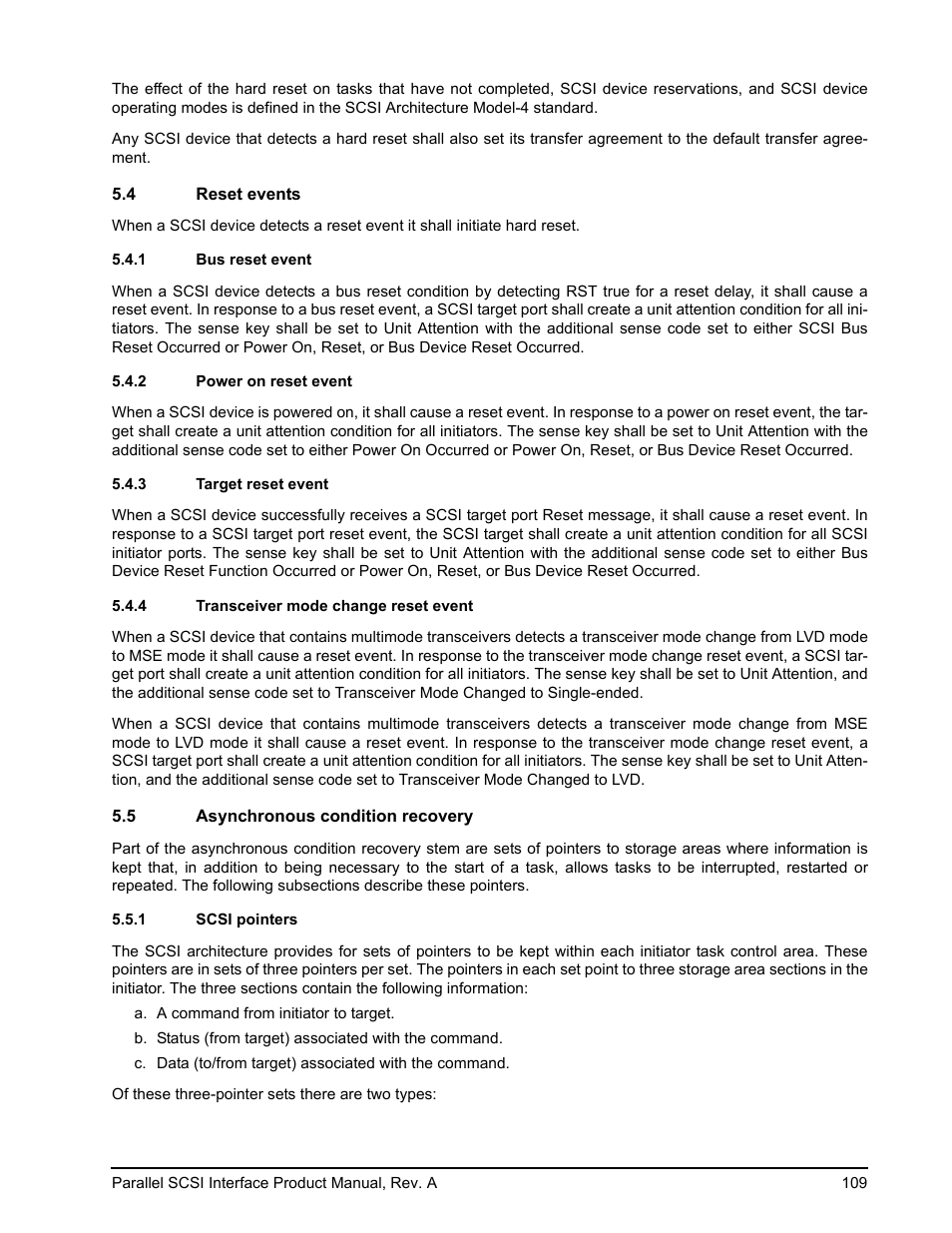 4 reset events, 1 bus reset event, 2 power on reset event | 3 target reset event, 4 transceiver mode change reset event, 5 asynchronous condition recovery, 1 scsi pointers, Bus reset event, Power on reset event, Target reset event | Seagate Ultra 160 User Manual | Page 123 / 186