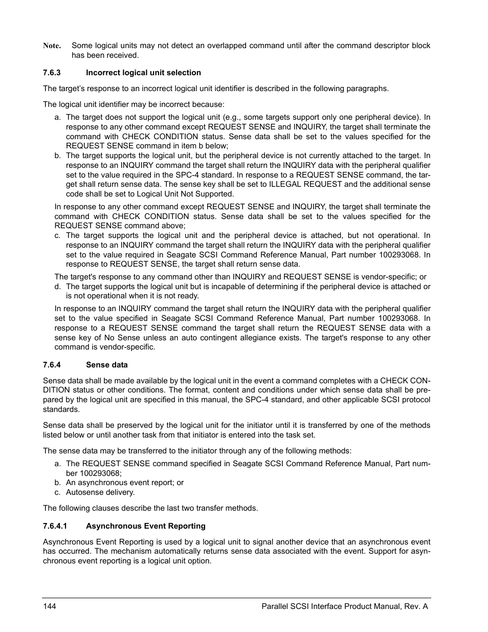 3 incorrect logical unit selection, 4 sense data, 1 asynchronous event reporting | Incorrect logical unit selection, Sense data | Seagate Ultra 160 User Manual | Page 158 / 186