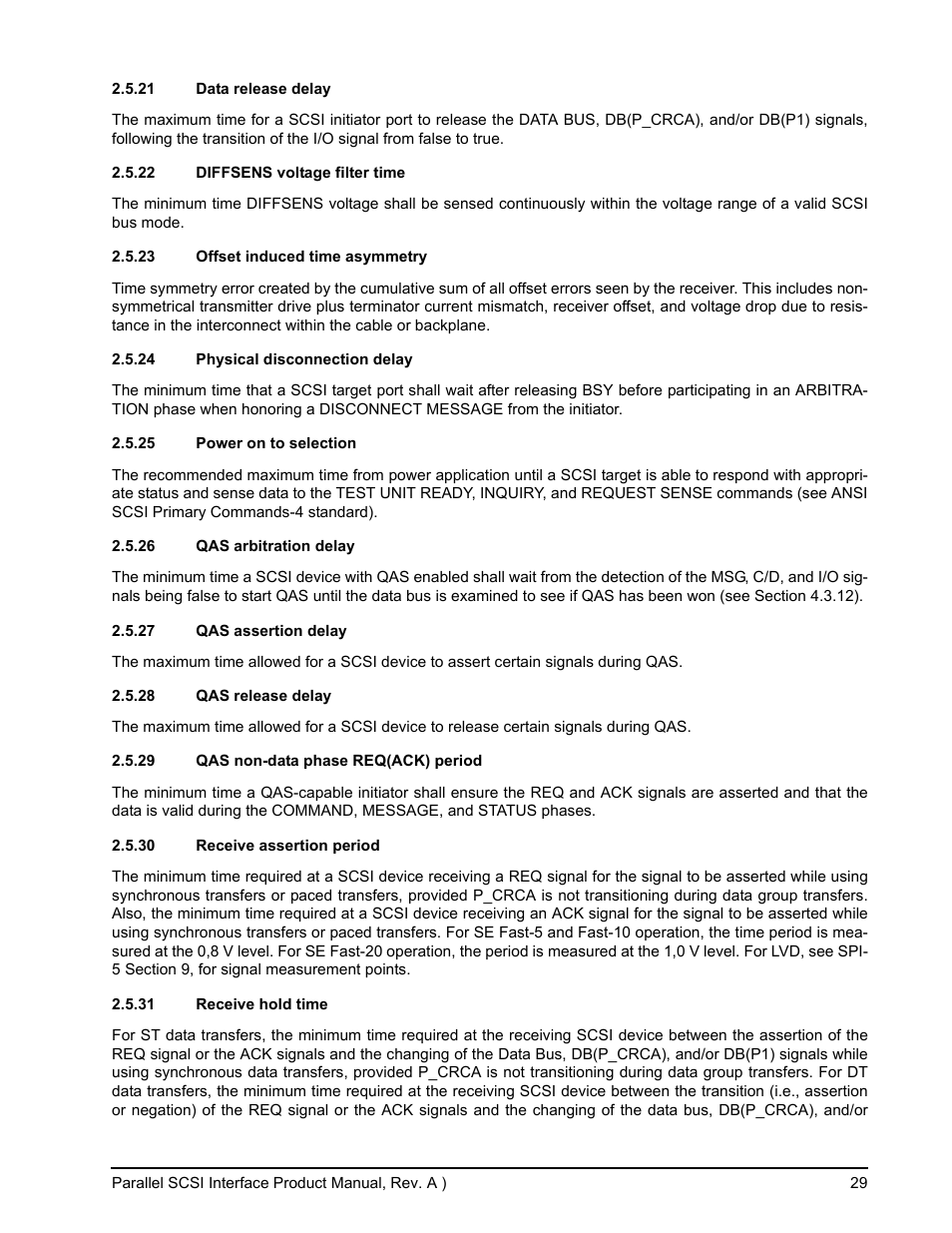 21 data release delay, 22 diffsens voltage filter time, 23 offset induced time asymmetry | 24 physical disconnection delay, 25 power on to selection, 26 qas arbitration delay, 27 qas assertion delay, 28 qas release delay, 29 qas non-data phase req(ack) period, 30 receive assertion period | Seagate Ultra 160 User Manual | Page 43 / 186