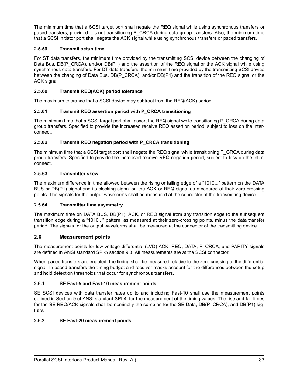 59 transmit setup time, 60 transmit req(ack) period tolerance, 63 transmitter skew | 64 transmitter time asymmetry, 6 measurement points, 1 se fast-5 and fast-10 measurement points, 2 se fast-20 measurement points, Se fast-5 and fast-10 measurement points, Se fast-20 measurement points, Section 2.6 fo | Seagate Ultra 160 User Manual | Page 47 / 186
