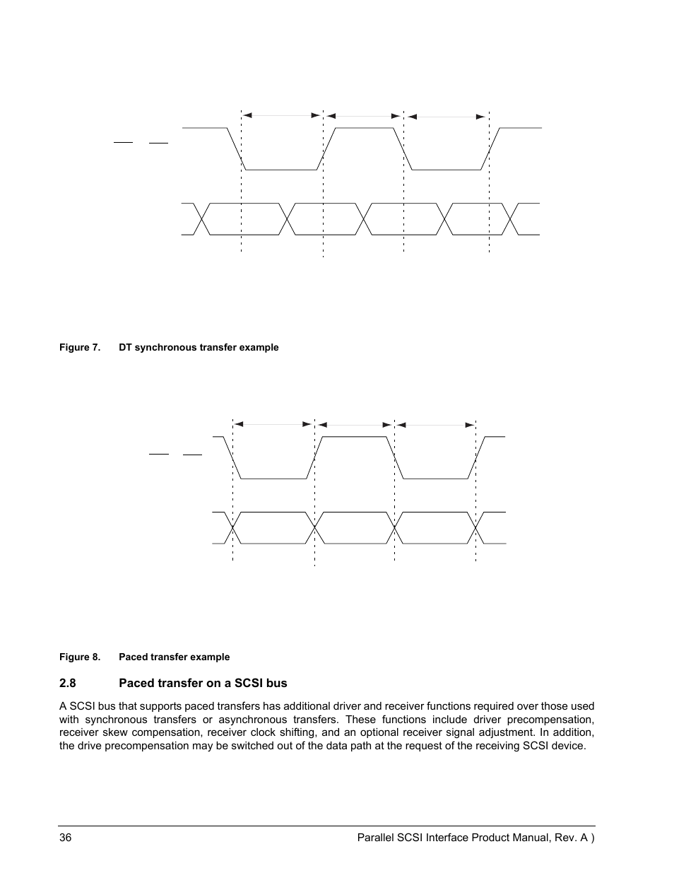 8 paced transfer on a scsi bus, Figure 6, Dt synchronous transfer example | Figure 7, Paced transfer example | Seagate Ultra 160 User Manual | Page 50 / 186