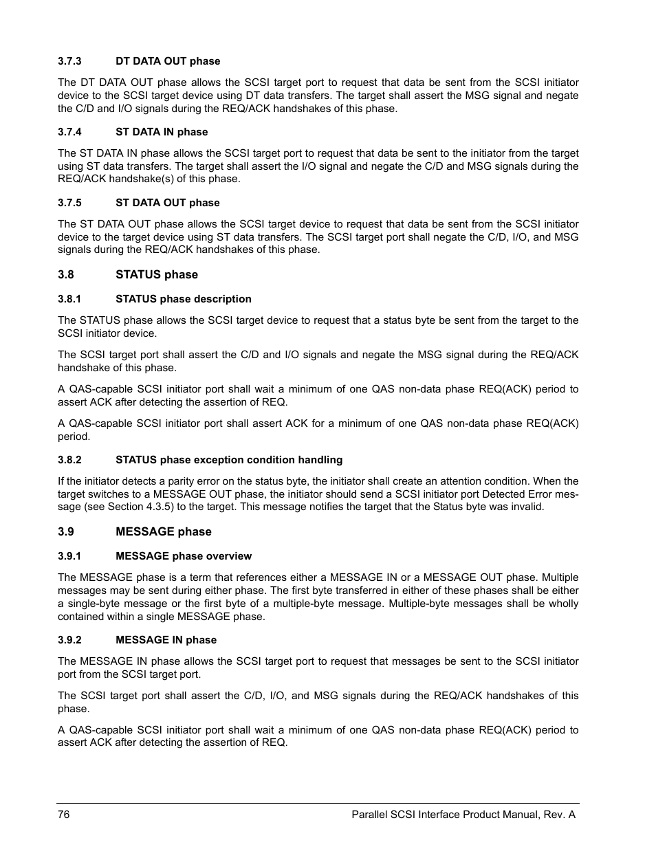 3 dt data out phase, 4 st data in phase, 5 st data out phase | 8 status phase, 1 status phase description, 2 status phase exception condition handling, 9 message phase, 1 message phase overview, 2 message in phase, Dt data out phase | Seagate Ultra 160 User Manual | Page 90 / 186